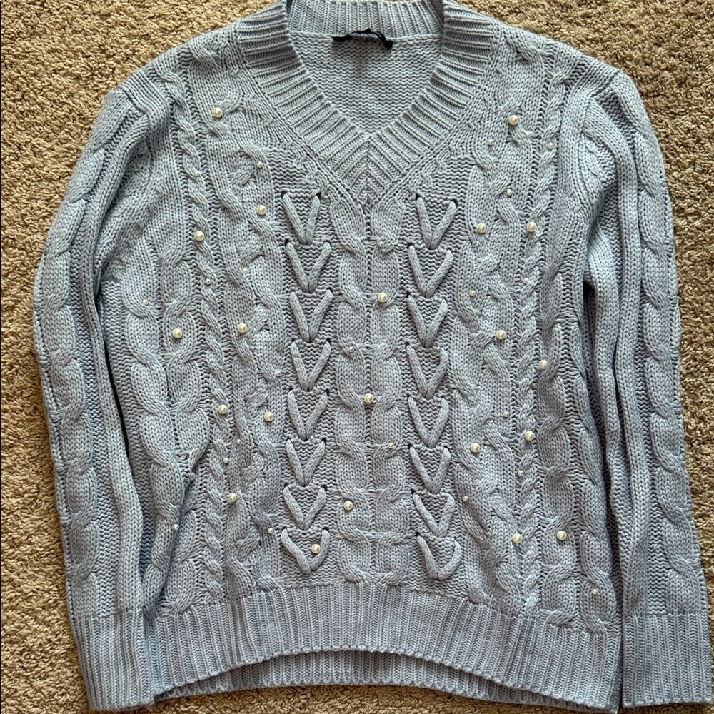 Women's Cable Knit Sweater w pearl and braid detail